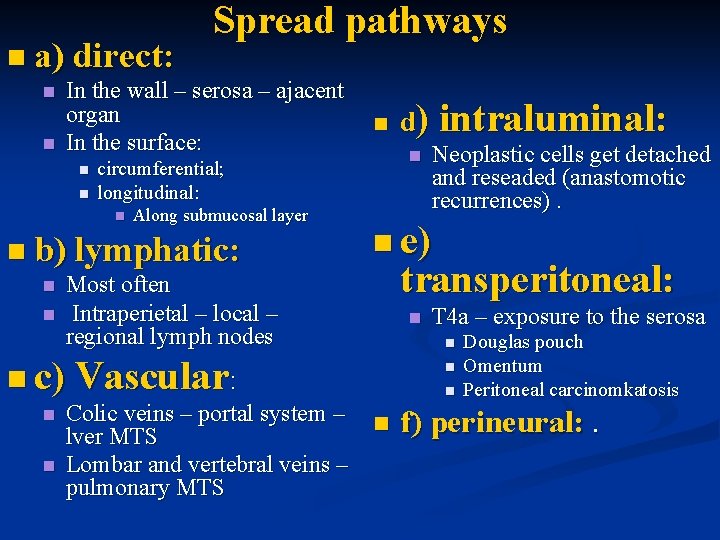 n a) direct: n n Spread pathways In the wall – serosa – ajacent