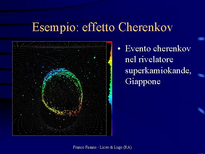 Esempio: effetto Cherenkov • Evento cherenkov nel rivelatore superkamiokande, Giappone Franco Fasano - Liceo