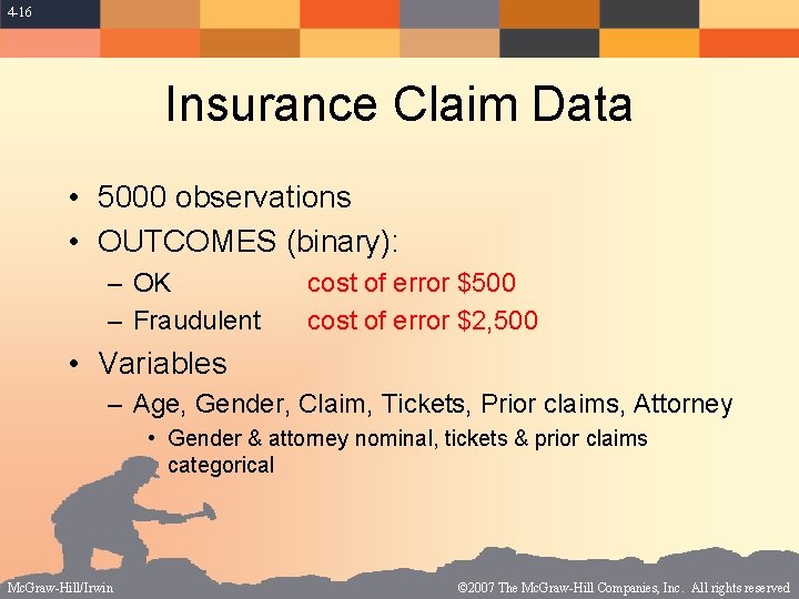 4 -16 Insurance Claim Data • 5000 observations • OUTCOMES (binary): – OK –