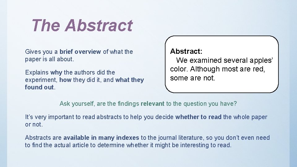The Abstract Gives you a brief overview of what the paper is all about. The Abstract Gives you a brief overview of what the paper is all about.