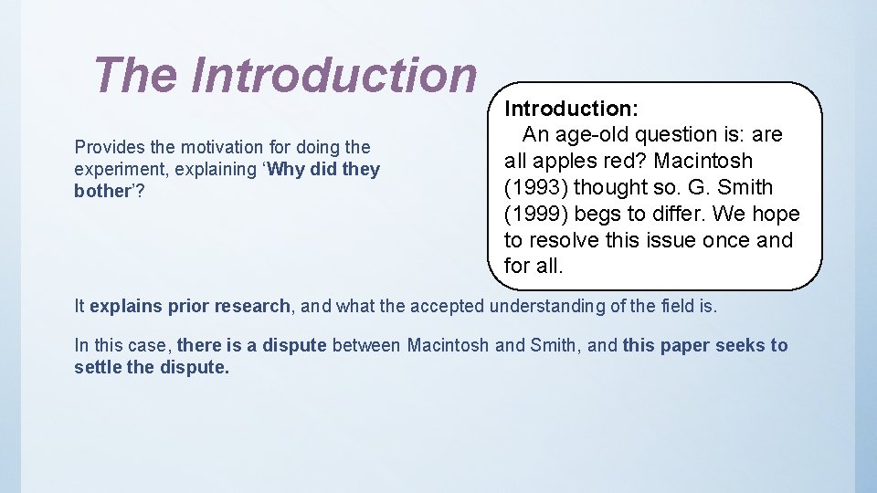 The Introduction Provides the motivation for doing the experiment, explaining ‘Why did they bother’? The Introduction Provides the motivation for doing the experiment, explaining ‘Why did they bother’?