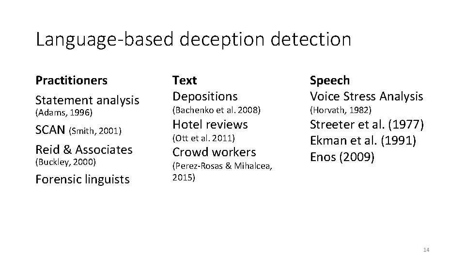 Language-based deception detection Practitioners Statement analysis Text Depositions (Adams, 1996) (Bachenko et al. 2008)