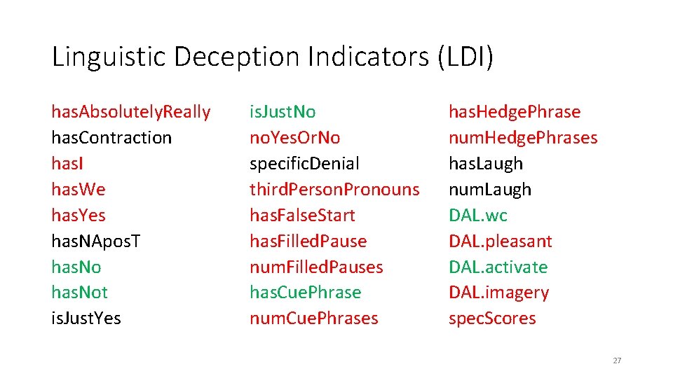 Linguistic Deception Indicators (LDI) has. Absolutely. Really has. Contraction has. I has. We has.