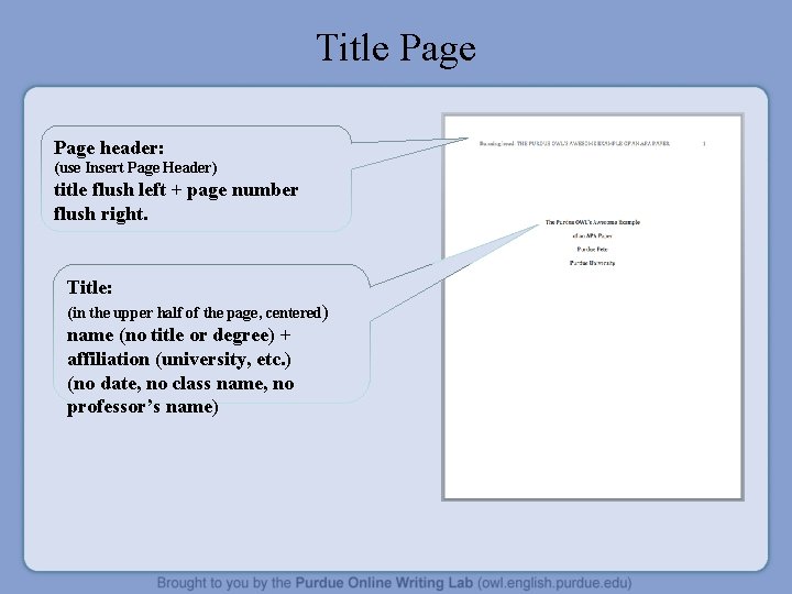 Title Page header: (use Insert Page Header) title flush left + page number flush