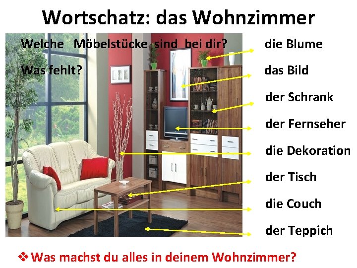 Wortschatz: das Wohnzimmer Welche Möbelstücke sind bei dir? die Blume Was fehlt? das Bild