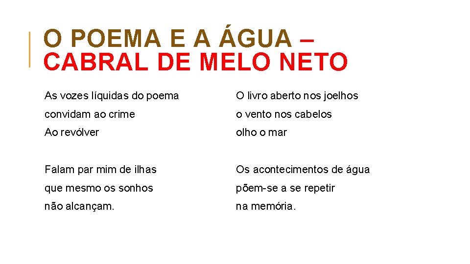 O POEMA E A ÁGUA – CABRAL DE MELO NETO As vozes líquidas do