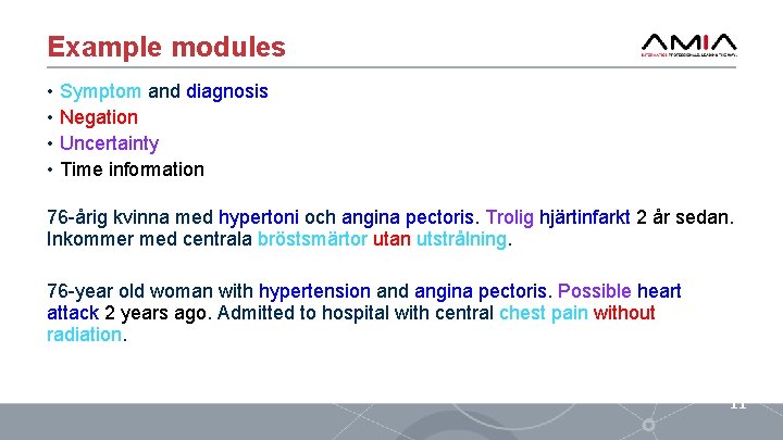 Example modules • Symptom and diagnosis • Negation • Uncertainty • Time information 76