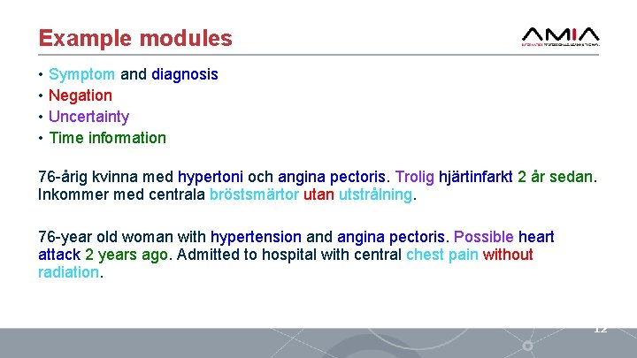 Example modules • Symptom and diagnosis • Negation • Uncertainty • Time information 76