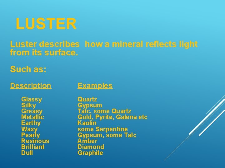 LUSTER Luster describes how a mineral reflects light from its surface. Such as: Description
