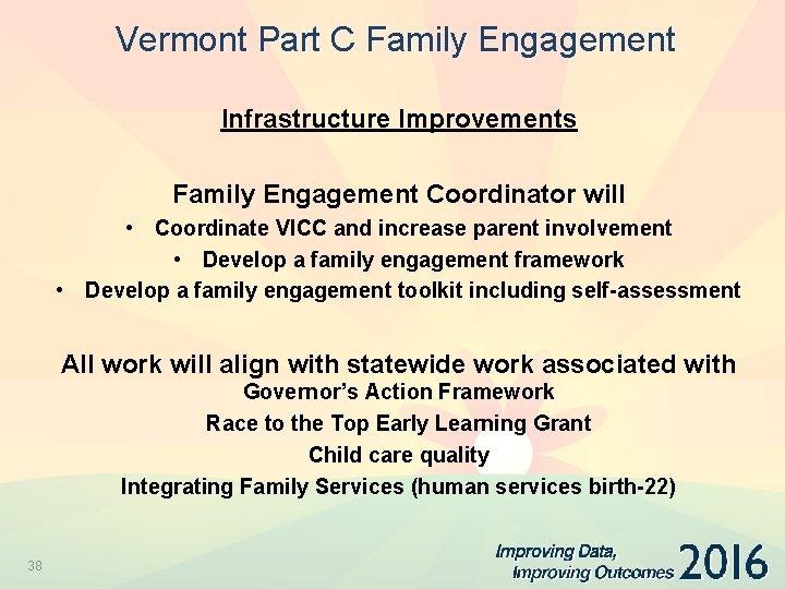 Vermont Part C Family Engagement Infrastructure Improvements Family Engagement Coordinator will • Coordinate VICC