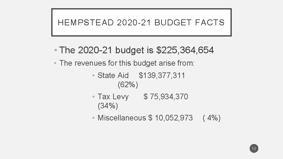 HEMPSTEAD 2020 -21 BUDGET FACTS • The 2020 -21 budget is $225, 364, 654