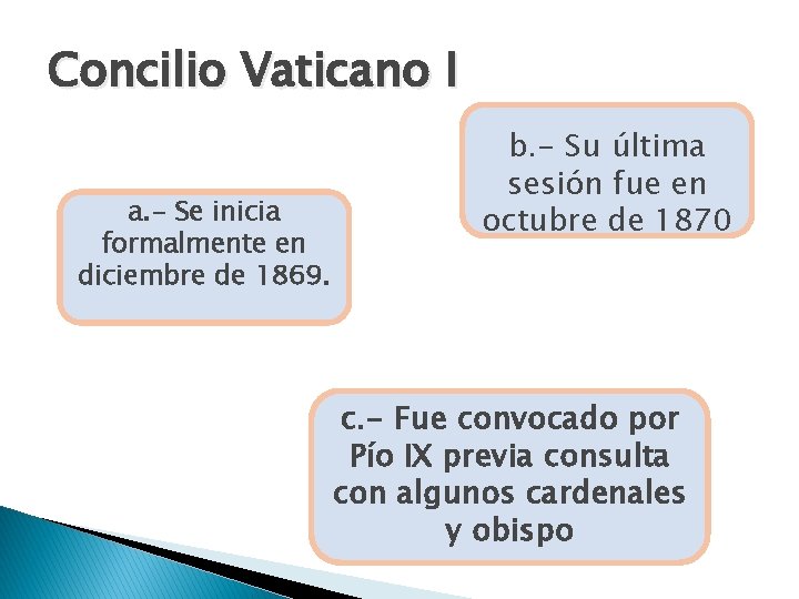 Concilio Vaticano I a. - Se inicia �. formalmente en diciembre de 1869. b.