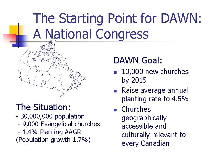 The Starting Point for DAWN: A National Congress DAWN Goal: n n The Situation: