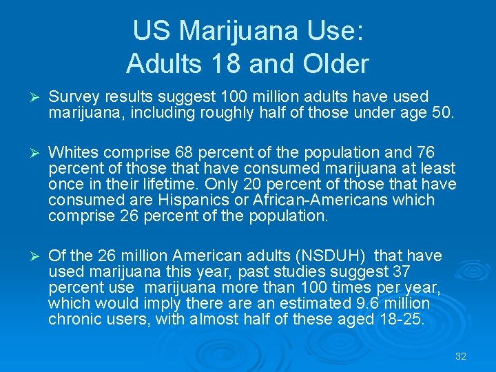 US Marijuana Use: Adults 18 and Older Ø Survey results suggest 100 million adults
