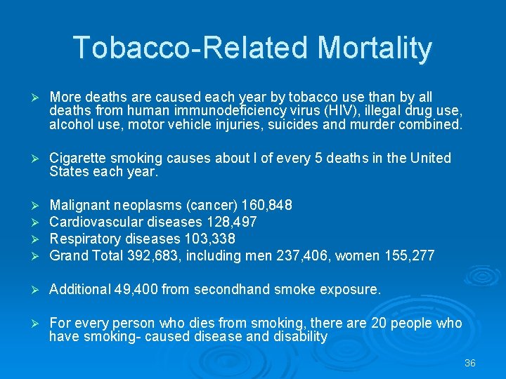 Tobacco-Related Mortality Ø More deaths are caused each year by tobacco use than by