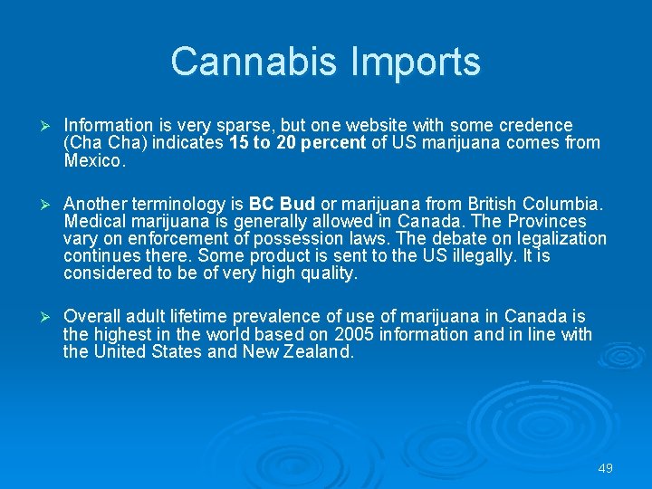 Cannabis Imports Ø Information is very sparse, but one website with some credence (Cha