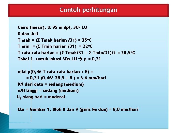 Contoh perhitungan Cairo (mesir), tt 95 m dpl, 30 o LU Bulan Juli T