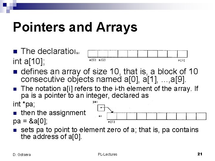 Pointers and Arrays The declaration int a[10]; n defines an array of size 10,