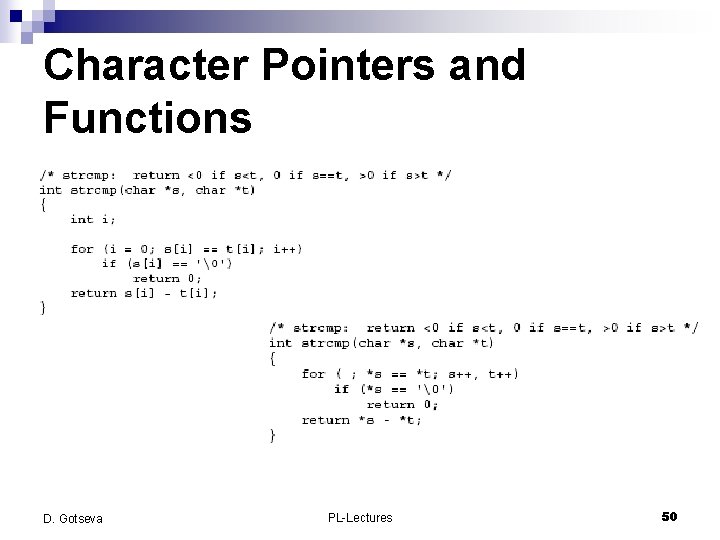 Character Pointers and Functions D. Gotseva PL-Lectures 50 