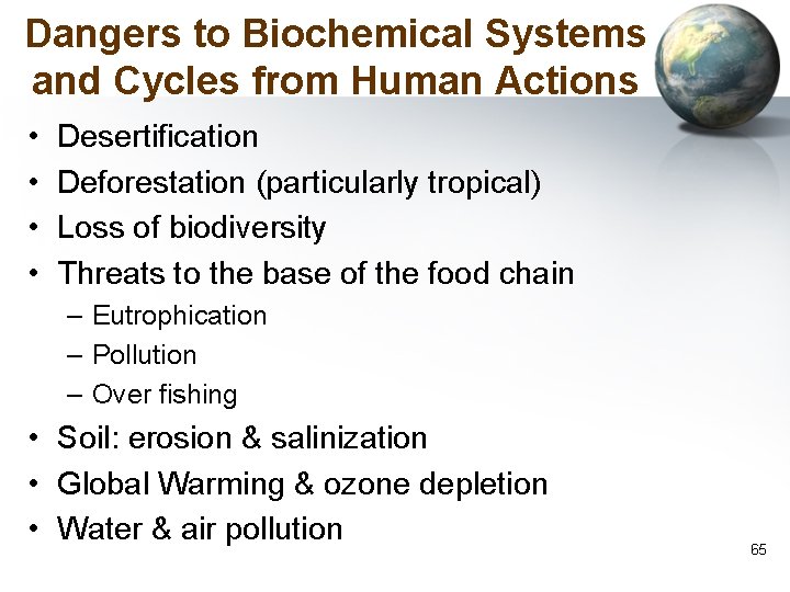 Dangers to Biochemical Systems and Cycles from Human Actions • • Desertification Deforestation (particularly