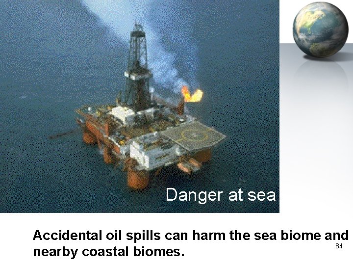 Danger at sea Accidental oil spills can harm the sea biome and 84 nearby