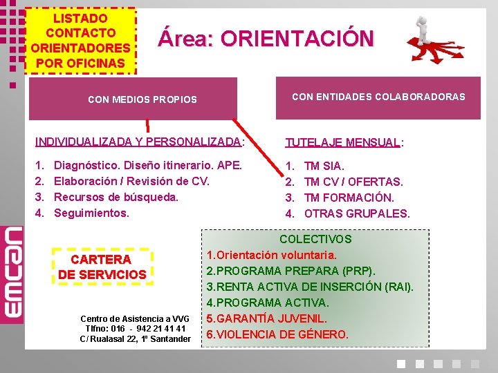 LISTADO CONTACTO ORIENTADORES POR OFICINAS Área: ORIENTACIÓN CON ENTIDADES COLABORADORAS CON MEDIOS PROPIOS INDIVIDUALIZADA