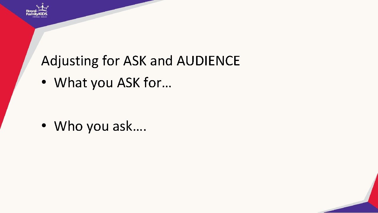 Adjusting for ASK and AUDIENCE • What you ASK for… • Who you ask….