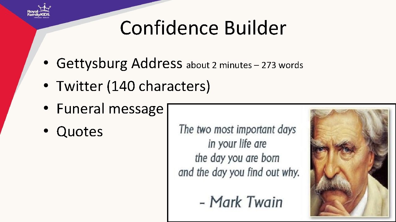 Confidence Builder • • Gettysburg Address about 2 minutes – 273 words Twitter (140