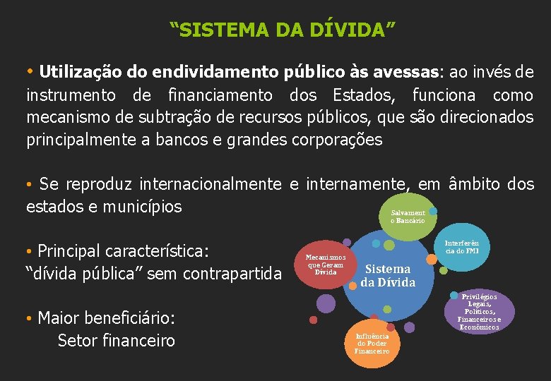 “SISTEMA DA DÍVIDA” • Utilização do endividamento público às avessas: ao invés de instrumento