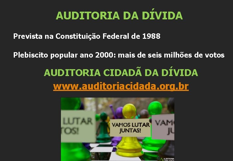 AUDITORIA DA DÍVIDA Prevista na Constituição Federal de 1988 Plebiscito popular ano 2000: mais