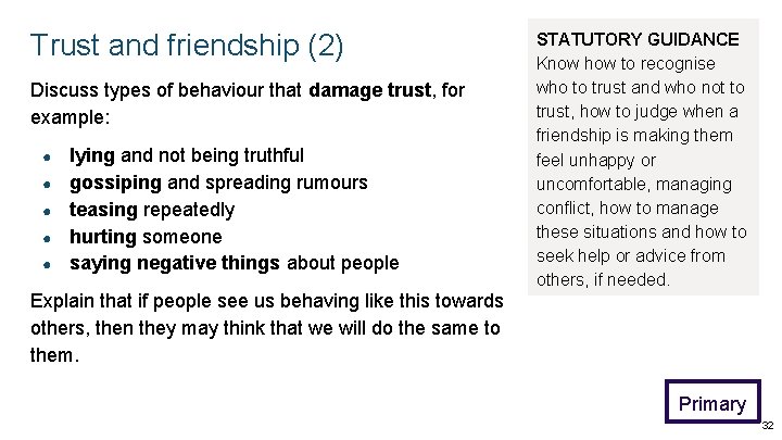Trust and friendship (2) Discuss types of behaviour that damage trust, for example: ●