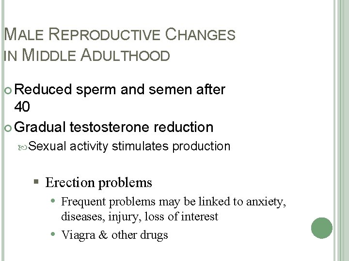 MALE REPRODUCTIVE CHANGES IN MIDDLE ADULTHOOD Reduced sperm and semen after 40 Gradual testosterone