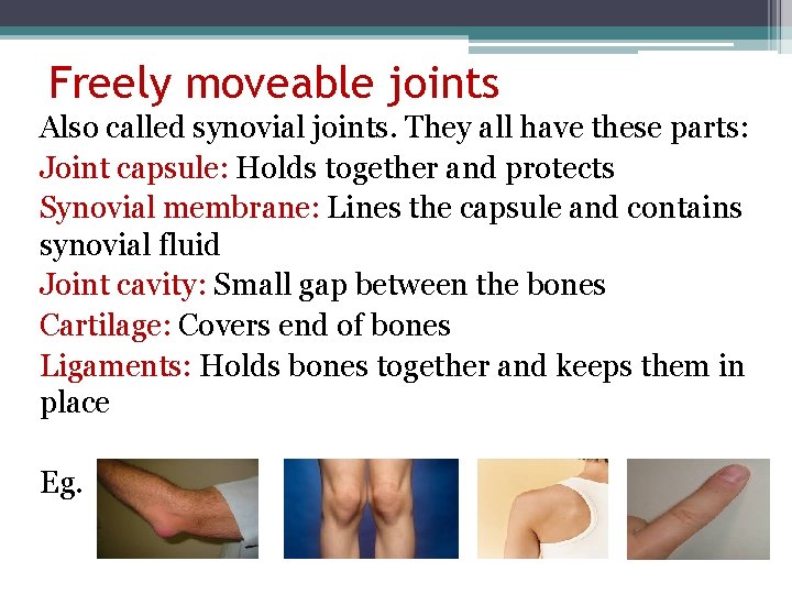 Freely moveable joints Also called synovial joints. They all have these parts: Joint capsule: