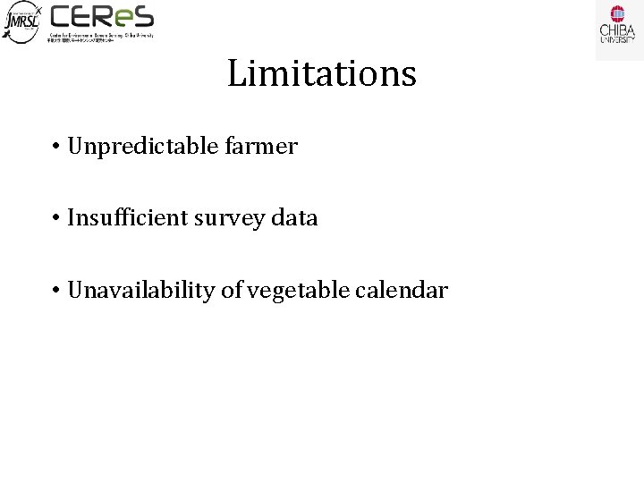 Limitations • Unpredictable farmer • Insufficient survey data • Unavailability of vegetable calendar 