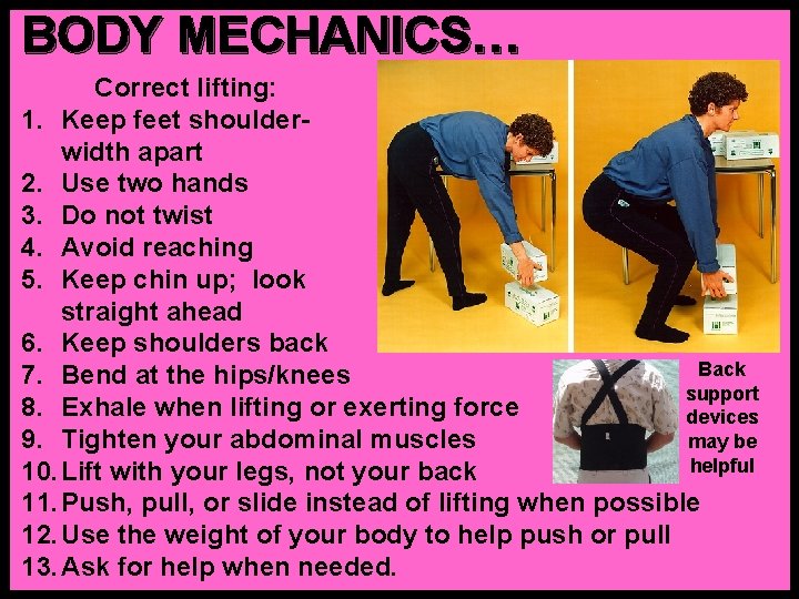 BODY MECHANICS… Correct lifting: 1. Keep feet shoulderwidth apart 2. Use two hands 3.