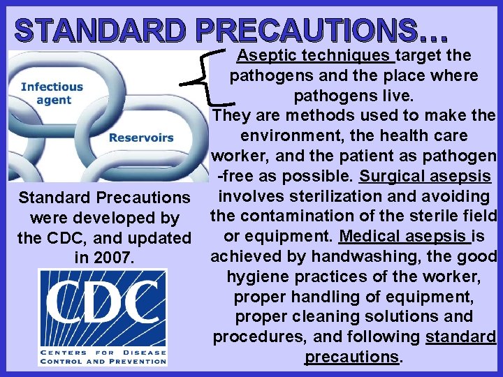 STANDARD PRECAUTIONS… Standard Precautions were developed by the CDC, and updated in 2007. Aseptic