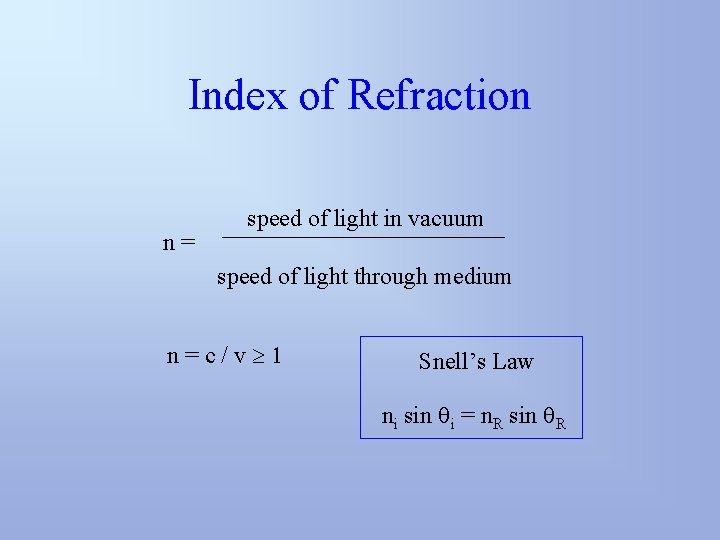 Index of Refraction n= speed of light in vacuum speed of light through medium