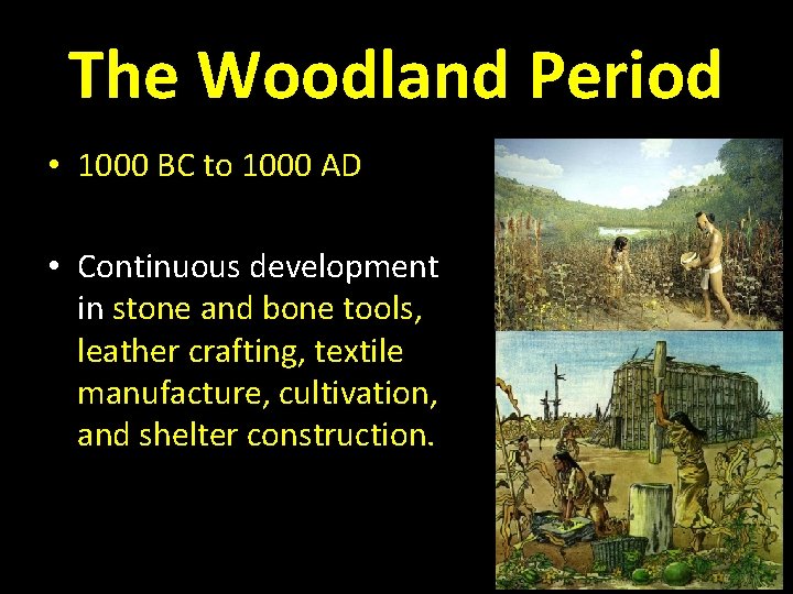 The Woodland Period • 1000 BC to 1000 AD • Continuous development in stone