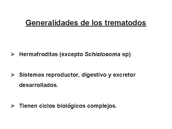 Generalidades de los trematodos Ø Hermafroditas (excepto Schistosoma sp) Ø Sistemas reproductor, digestivo y