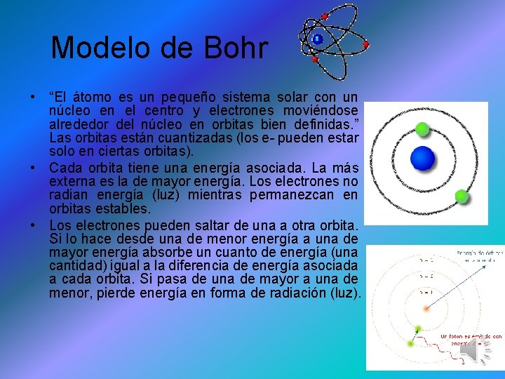 Modelo de Bohr • “El átomo es un pequeño sistema solar con un núcleo