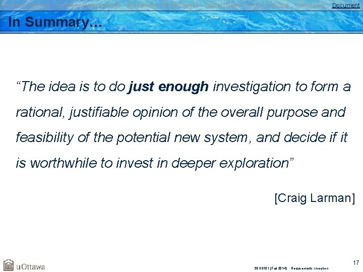 Problem Analysis Business Requirements Agreement Root Causes Stakeholders Vision & Scope Constraints Document In