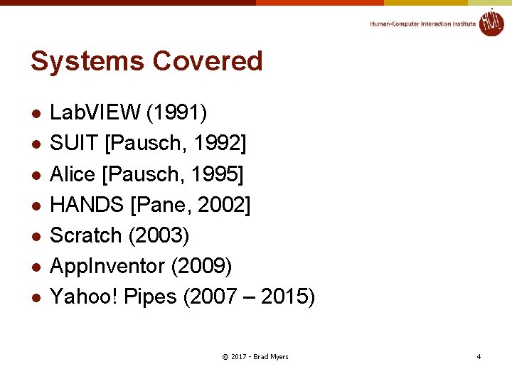 Systems Covered l l l l Lab. VIEW (1991) SUIT [Pausch, 1992] Alice [Pausch,