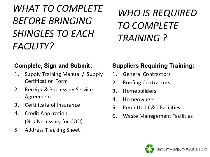 WHAT TO COMPLETE BEFORE BRINGING SHINGLES TO EACH FACILITY? Complete, Sign and Submit: 1. WHAT TO COMPLETE BEFORE BRINGING SHINGLES TO EACH FACILITY? Complete, Sign and Submit: 1.