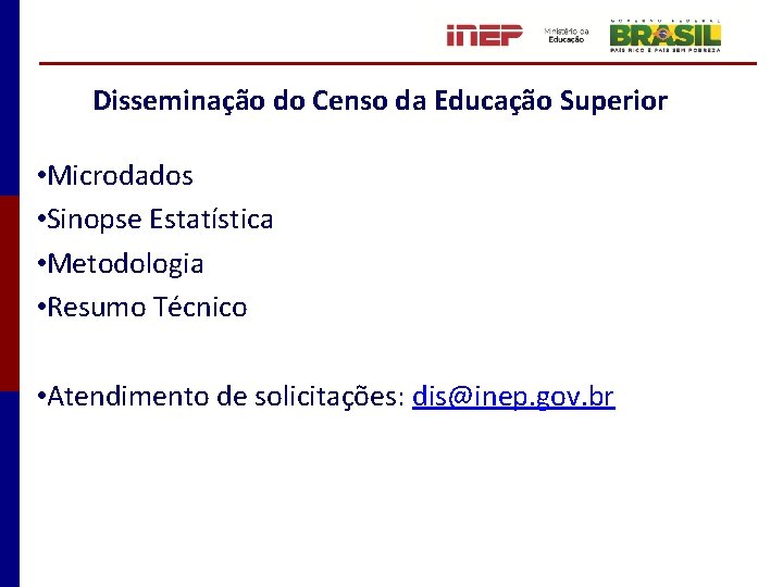 Disseminação do Censo da Educação Superior • Microdados • Sinopse Estatística • Metodologia •