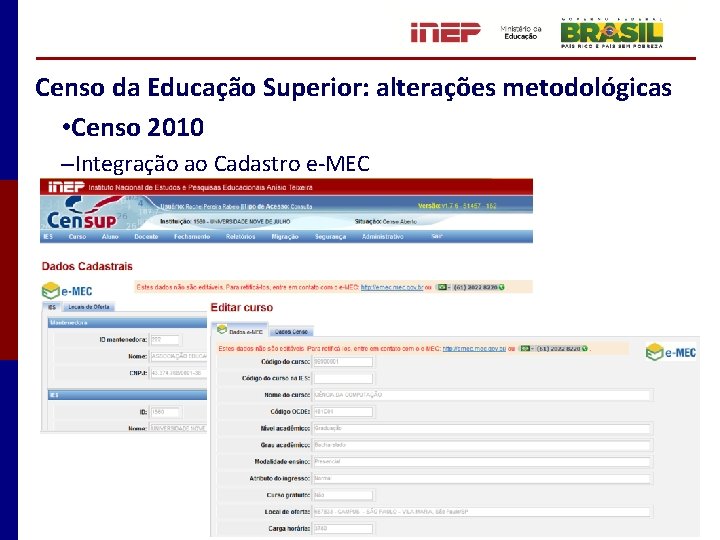 Censo da Educação Superior: alterações metodológicas • Censo 2010 –Integração ao Cadastro e-MEC 
