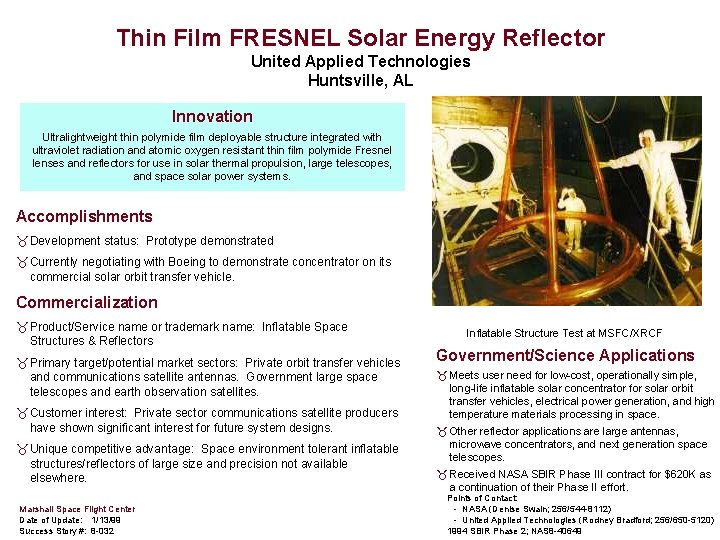 Thin Film FRESNEL Solar Energy Reflector United Applied Technologies Huntsville, AL Innovation Ultralightweight thin