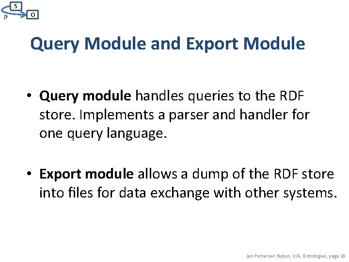 S P O Query Module and Export Module • Query module handles queries to