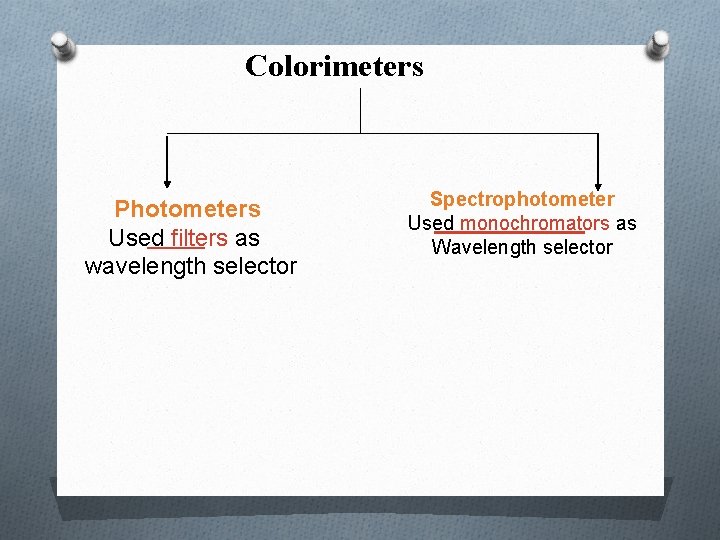 Colorimeters Photometers Used filters as wavelength selector Spectrophotometer Used monochromators as Wavelength selector 