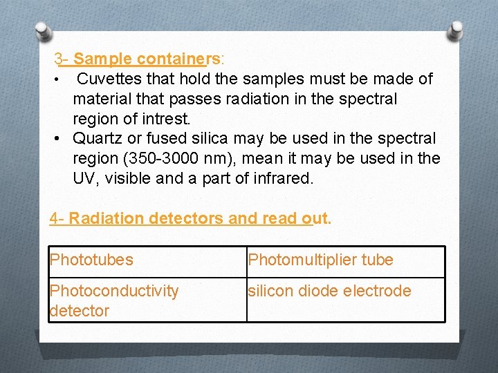 3 - Sample containers: • Cuvettes that hold the samples must be made of