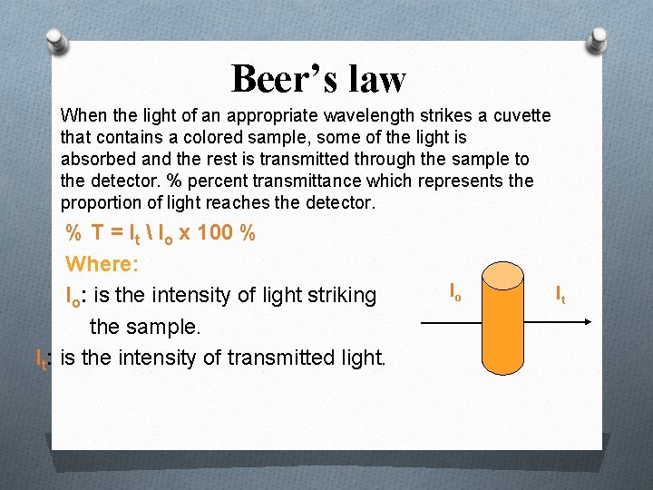 Beer’s law When the light of an appropriate wavelength strikes a cuvette that contains